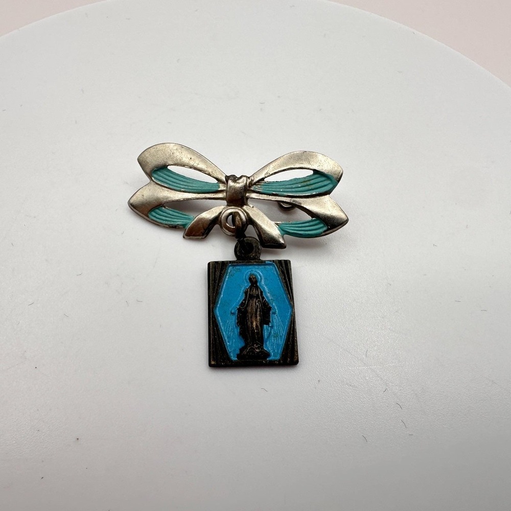 Vintage 90s Catholic Miraculous Medal Bow Pin Virgin Mary Religious Jewelry - Picture 4 of 8